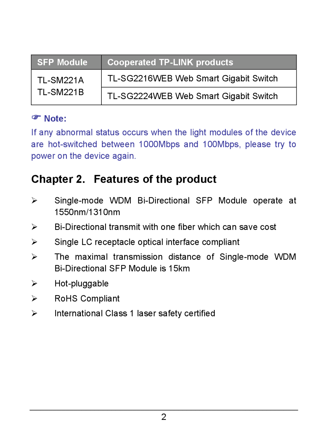 TP-Link TL-SM221A, TL-SM221B manual Features of the product, SFP Module Cooperated TP-LINK products 