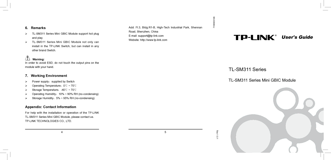 TP-Link TL-SM311 appendix Remarks, Working Environment, Appendix Contact Information 