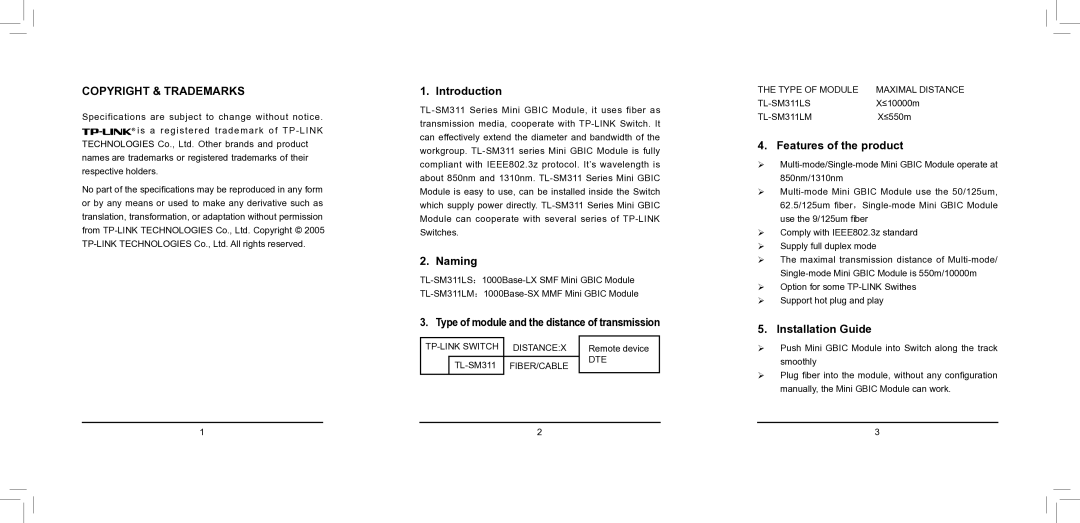 TP-Link TL-SM311 appendix Introduction, Naming, Type of module and the distance of transmission, Features of the product 