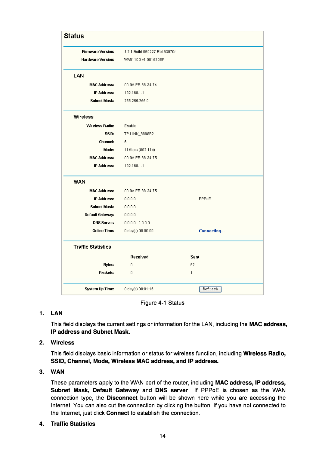 TP-Link TL-WA5110G manual Lan, IP address and Subnet Mask 2. Wireless, Traffic Statistics 