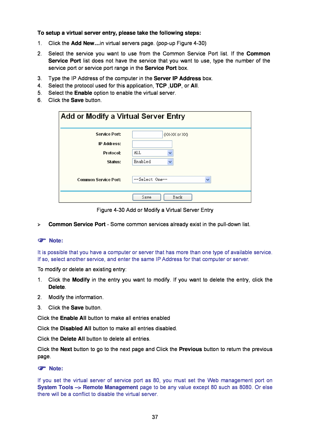 TP-Link TL-WA5110G manual To setup a virtual server entry, please take the following steps 