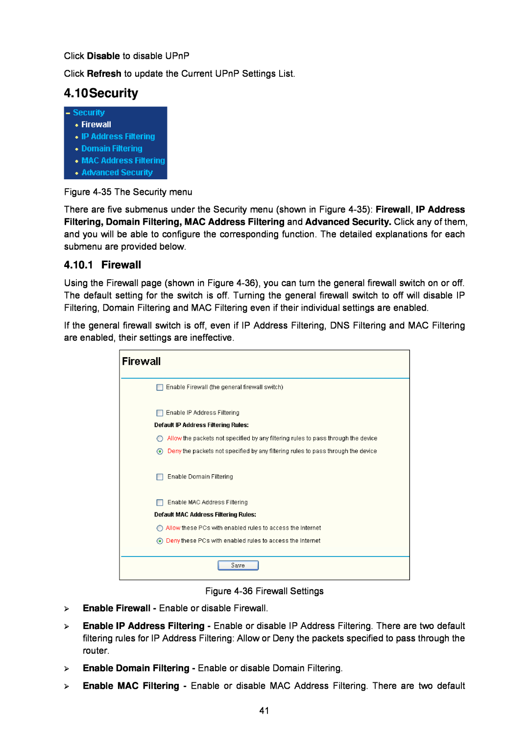TP-Link TL-WA5110G manual 4.10Security, Firewall 