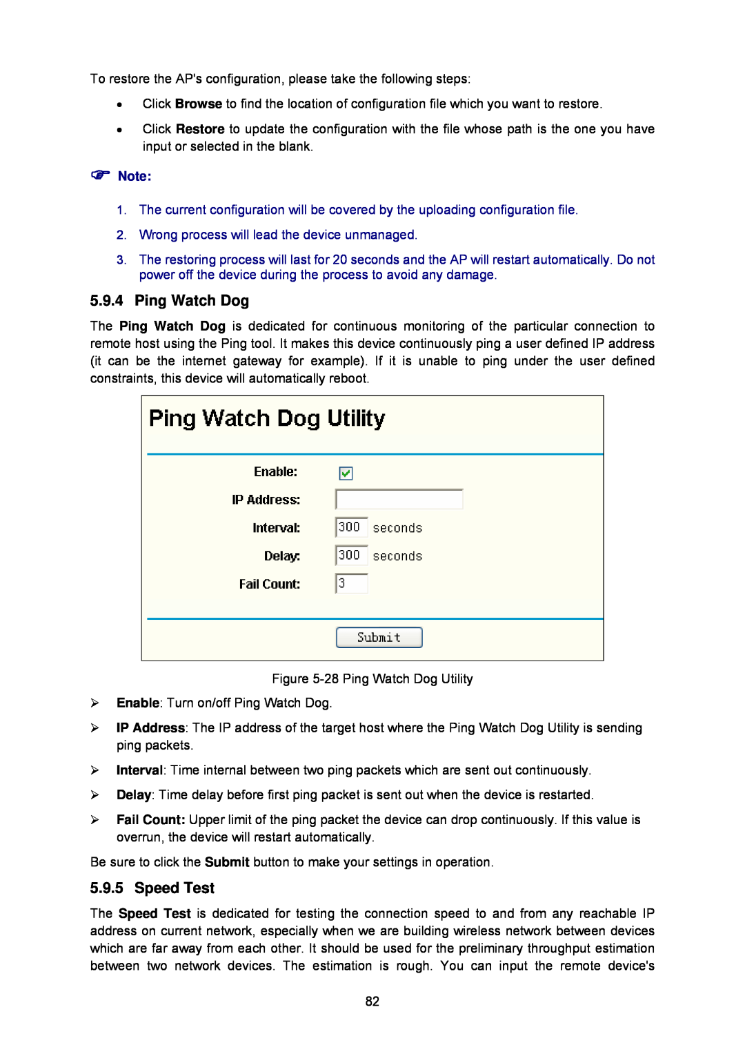 TP-Link TL-WA5110G manual Ping Watch Dog, Speed Test, Wrong process will lead the device unmanaged 