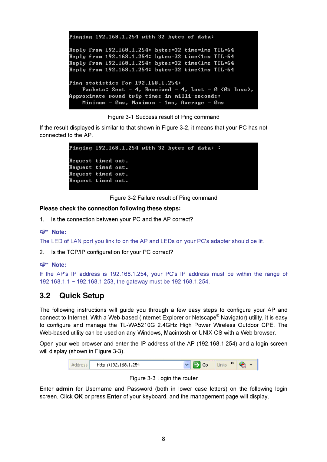 TP-Link TL-WA5210G manual Quick Setup, Please check the connection following these steps 