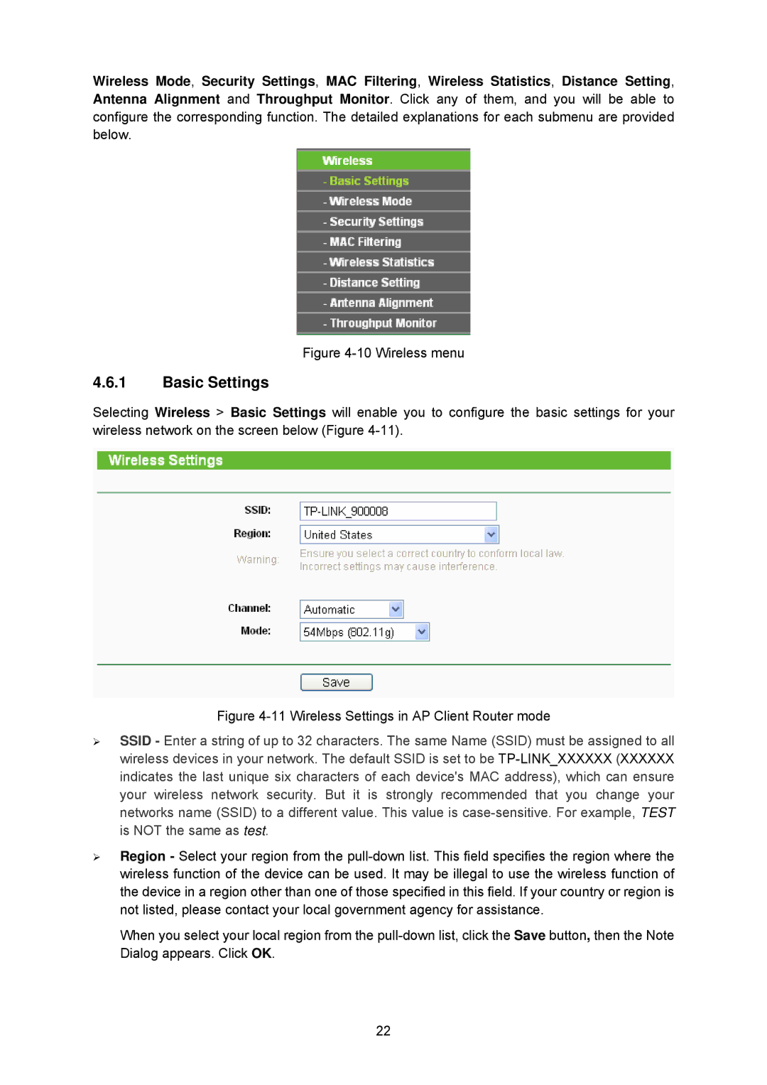 TP-Link TL-WA5210G manual Basic Settings, Wireless menu 