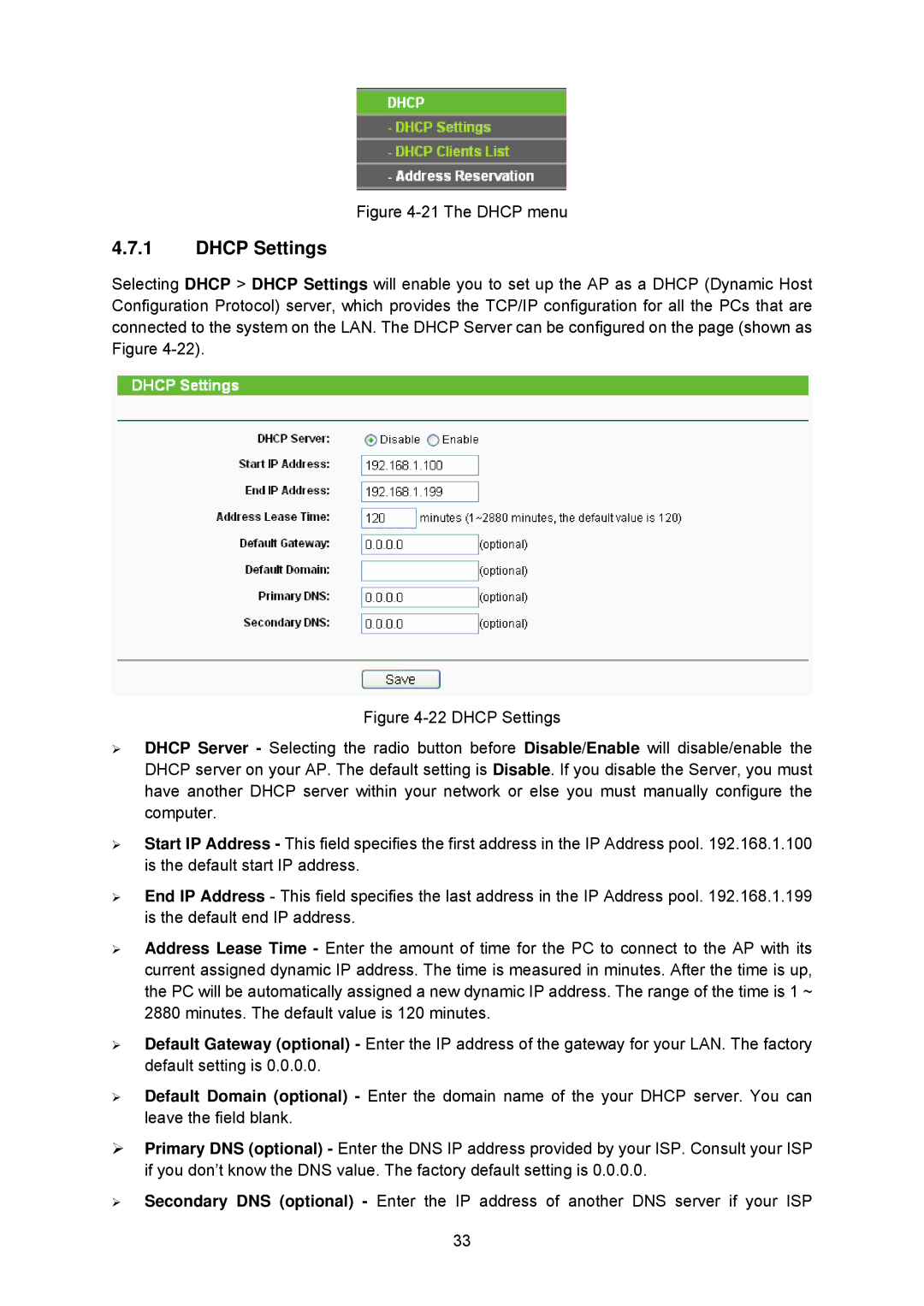 TP-Link TL-WA5210G manual Dhcp Settings, The Dhcp menu 