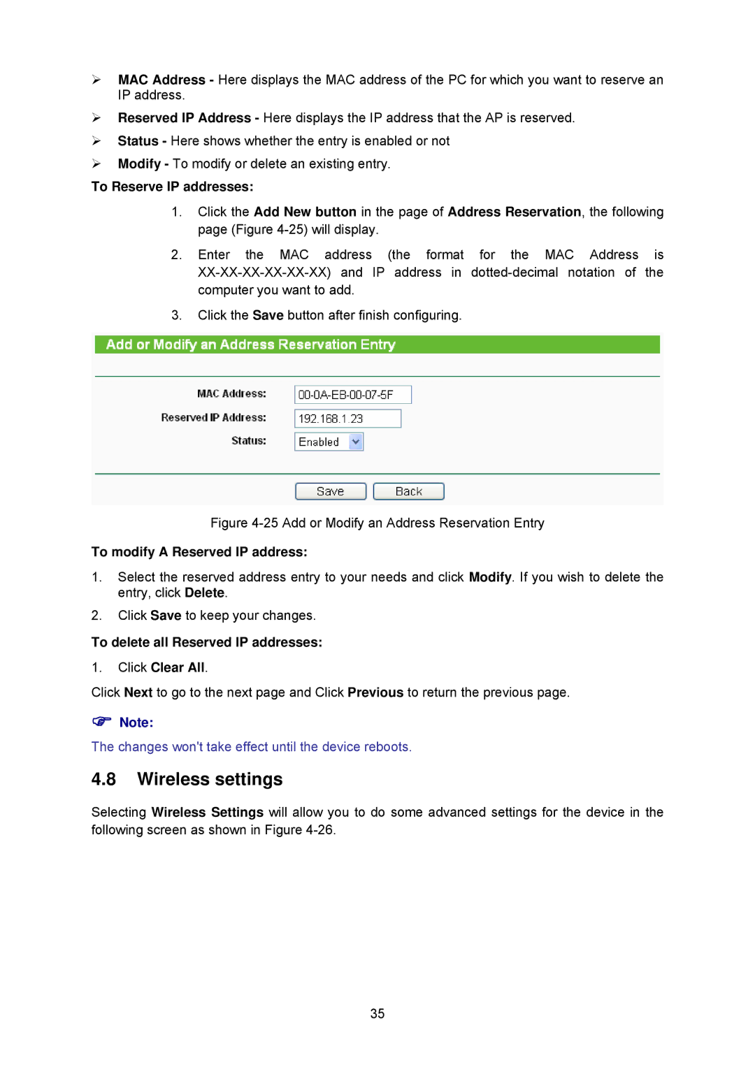 TP-Link TL-WA5210G Wireless settings, To modify a Reserved IP address, To delete all Reserved IP addresses Click Clear All 