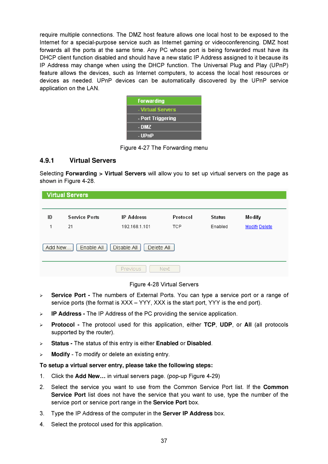 TP-Link TL-WA5210G manual Virtual Servers, The Forwarding menu 