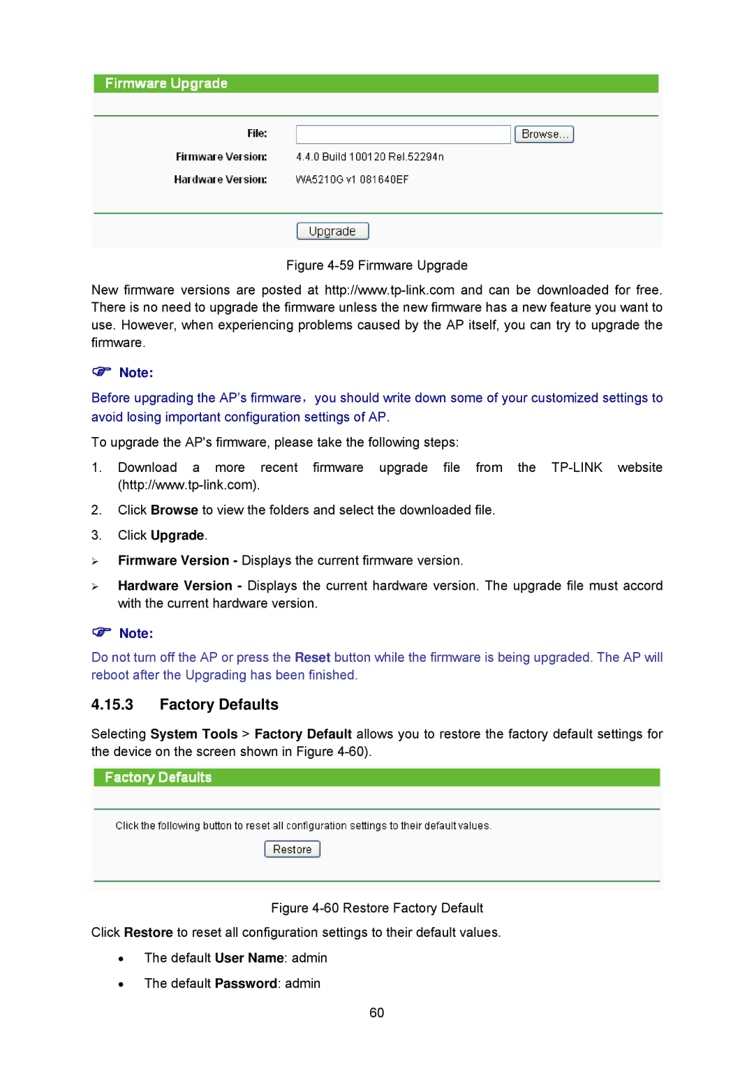 TP-Link TL-WA5210G manual Factory Defaults, Firmware Upgrade 