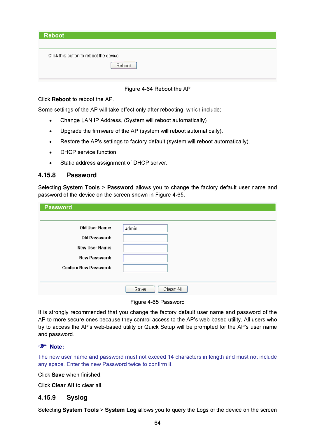 TP-Link TL-WA5210G manual Password, Syslog 