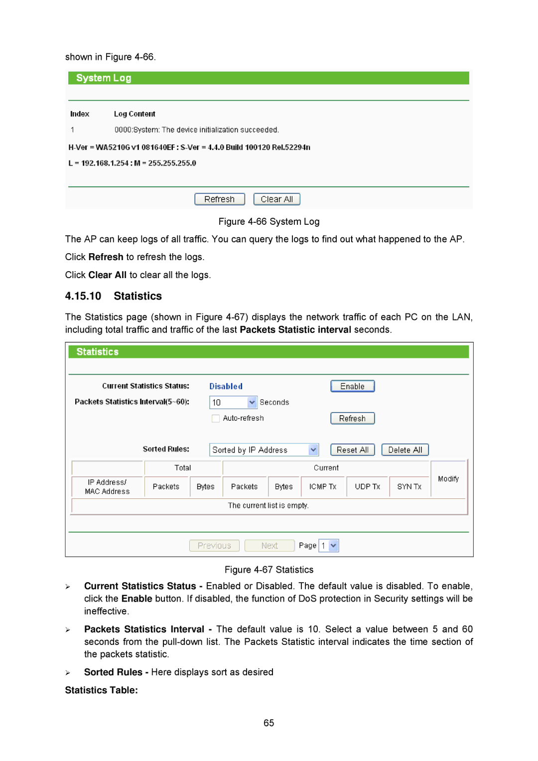 TP-Link TL-WA5210G manual Statistics Table 