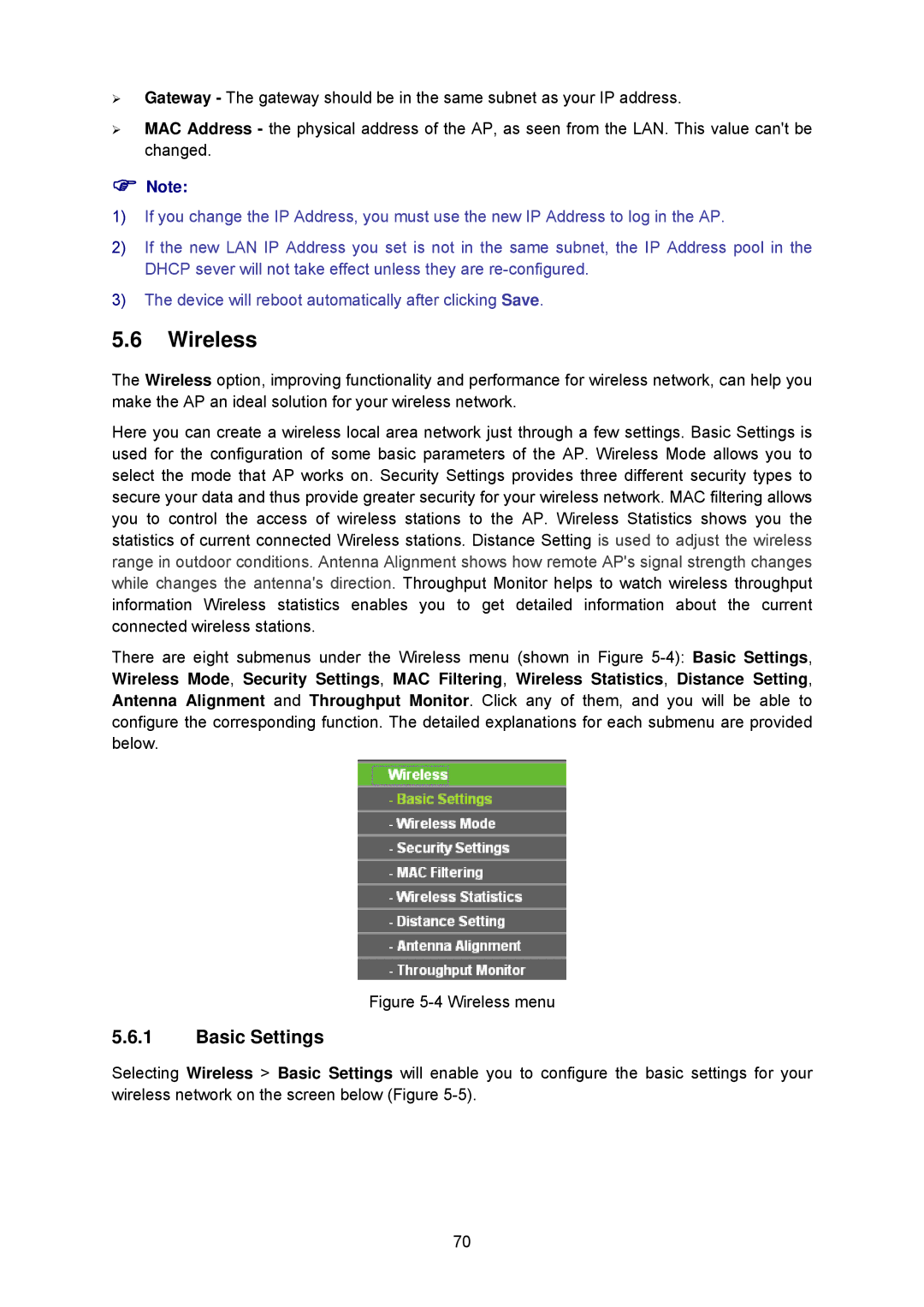 TP-Link TL-WA5210G manual Wireless menu 