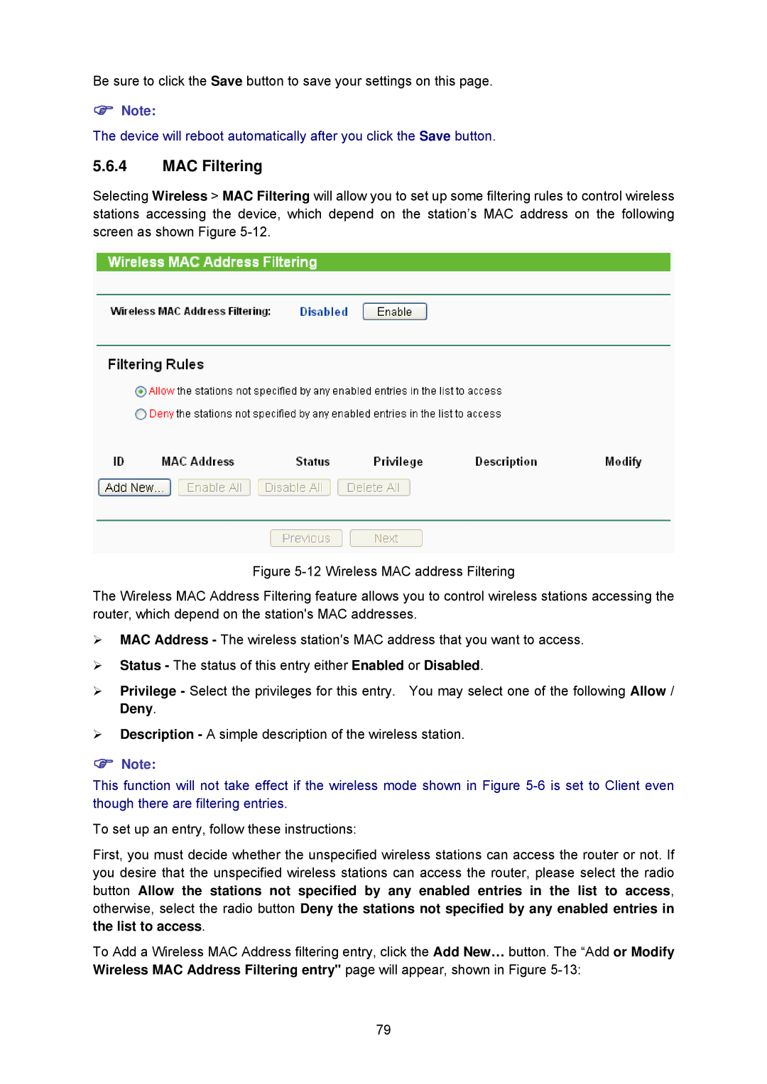 TP-Link TL-WA5210G manual MAC Filtering 