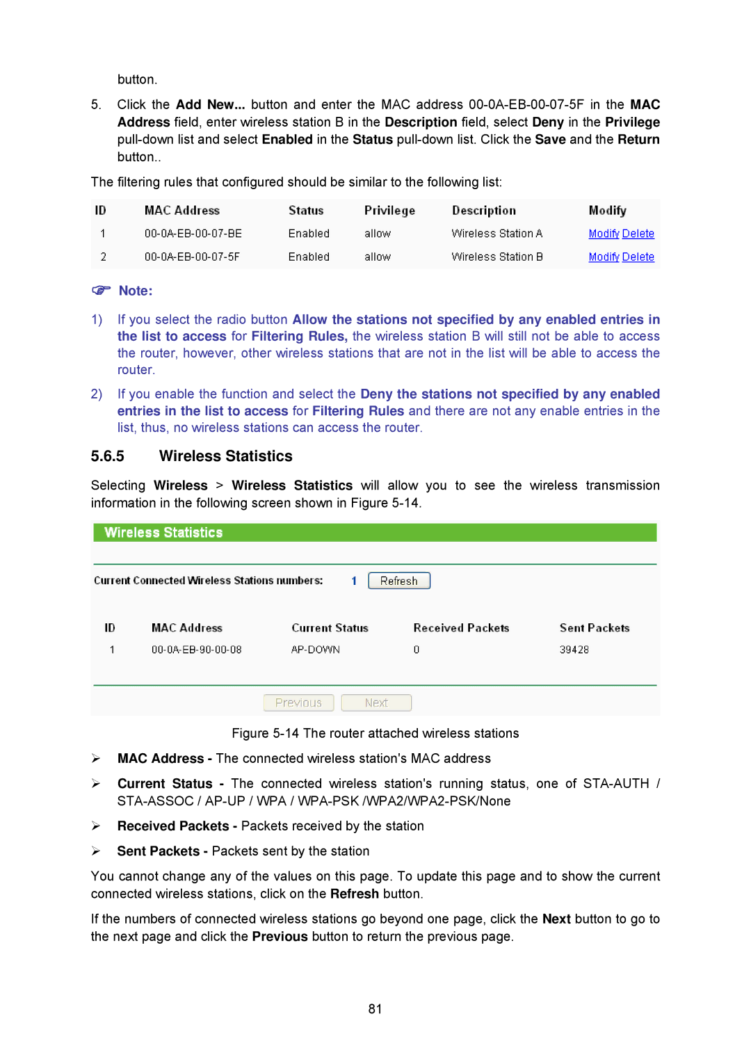 TP-Link TL-WA5210G manual Wireless Statistics 