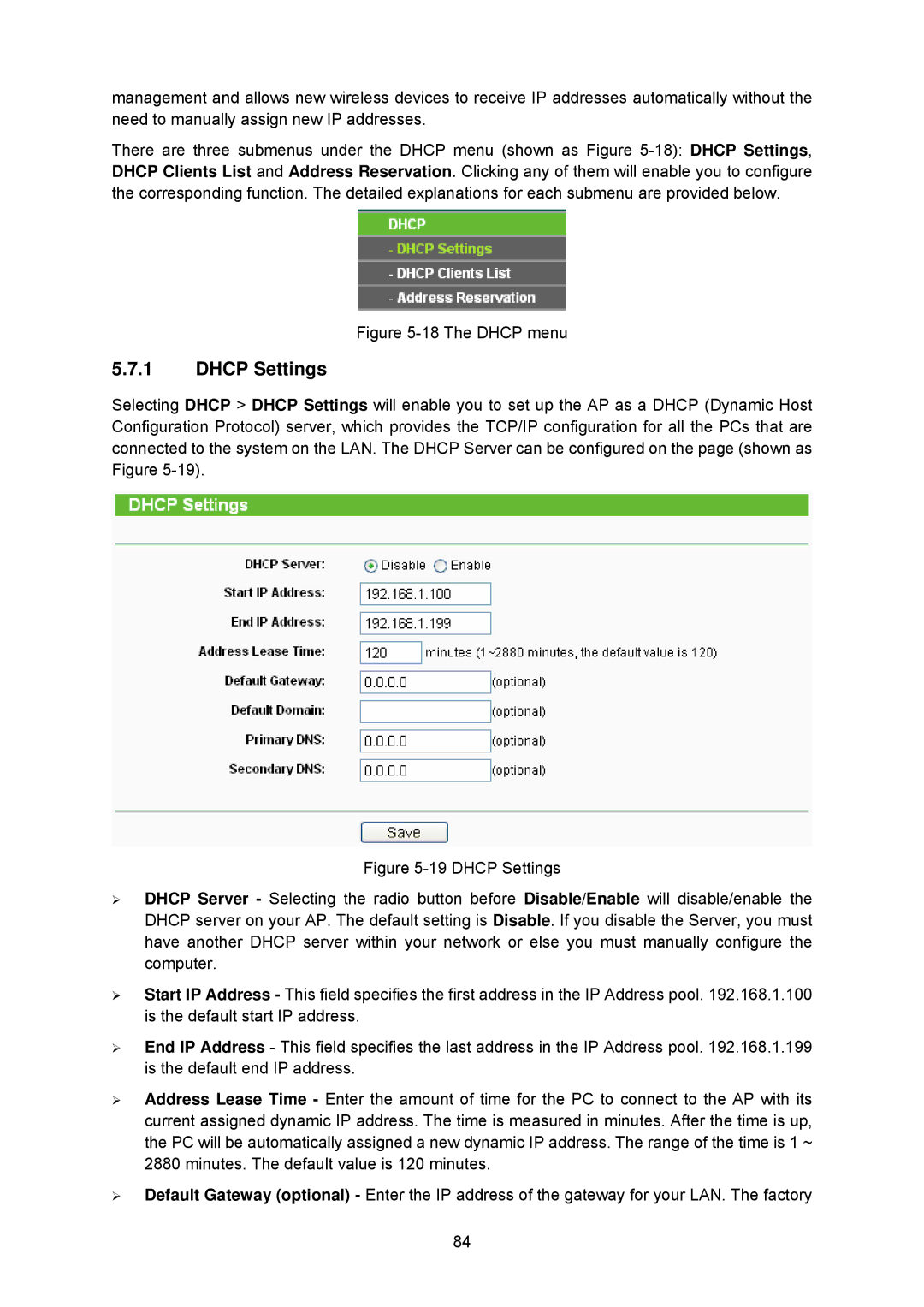 TP-Link TL-WA5210G manual The Dhcp menu 