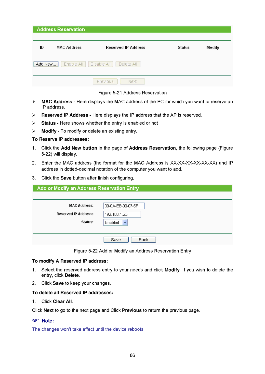 TP-Link TL-WA5210G manual To Reserve IP addresses, Add or Modify an Address Reservation Entry 