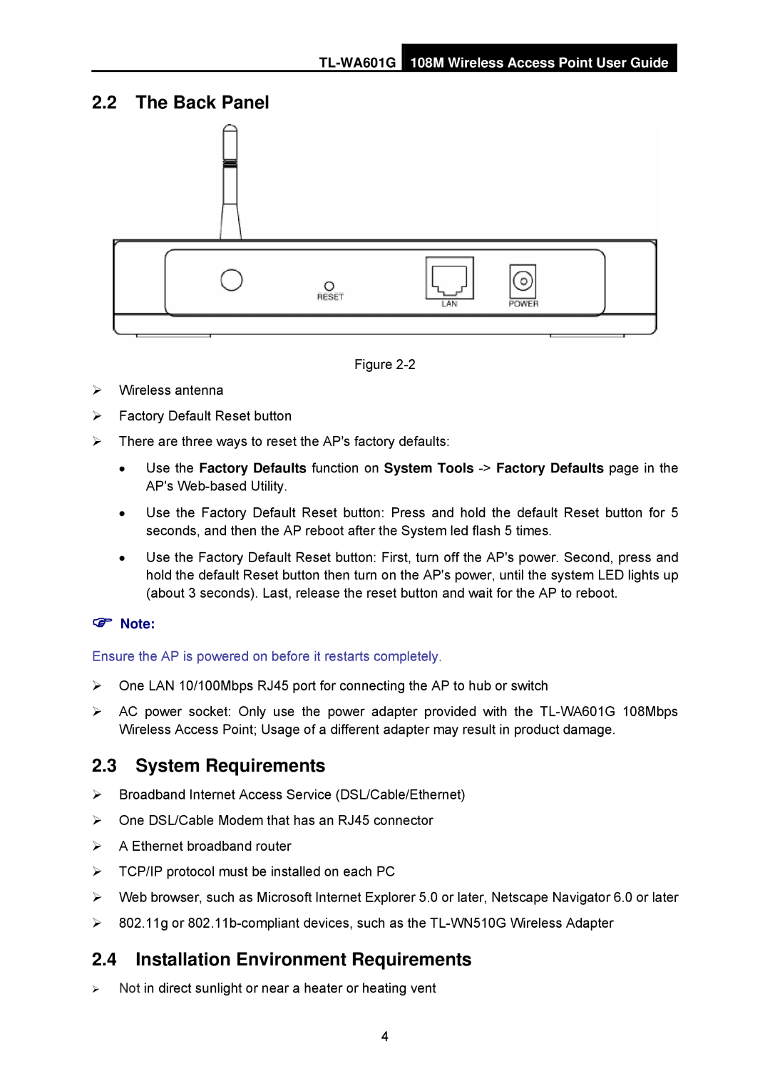 TP-Link TL-WA601G manual Back Panel, System Requirements, Installation Environment Requirements 