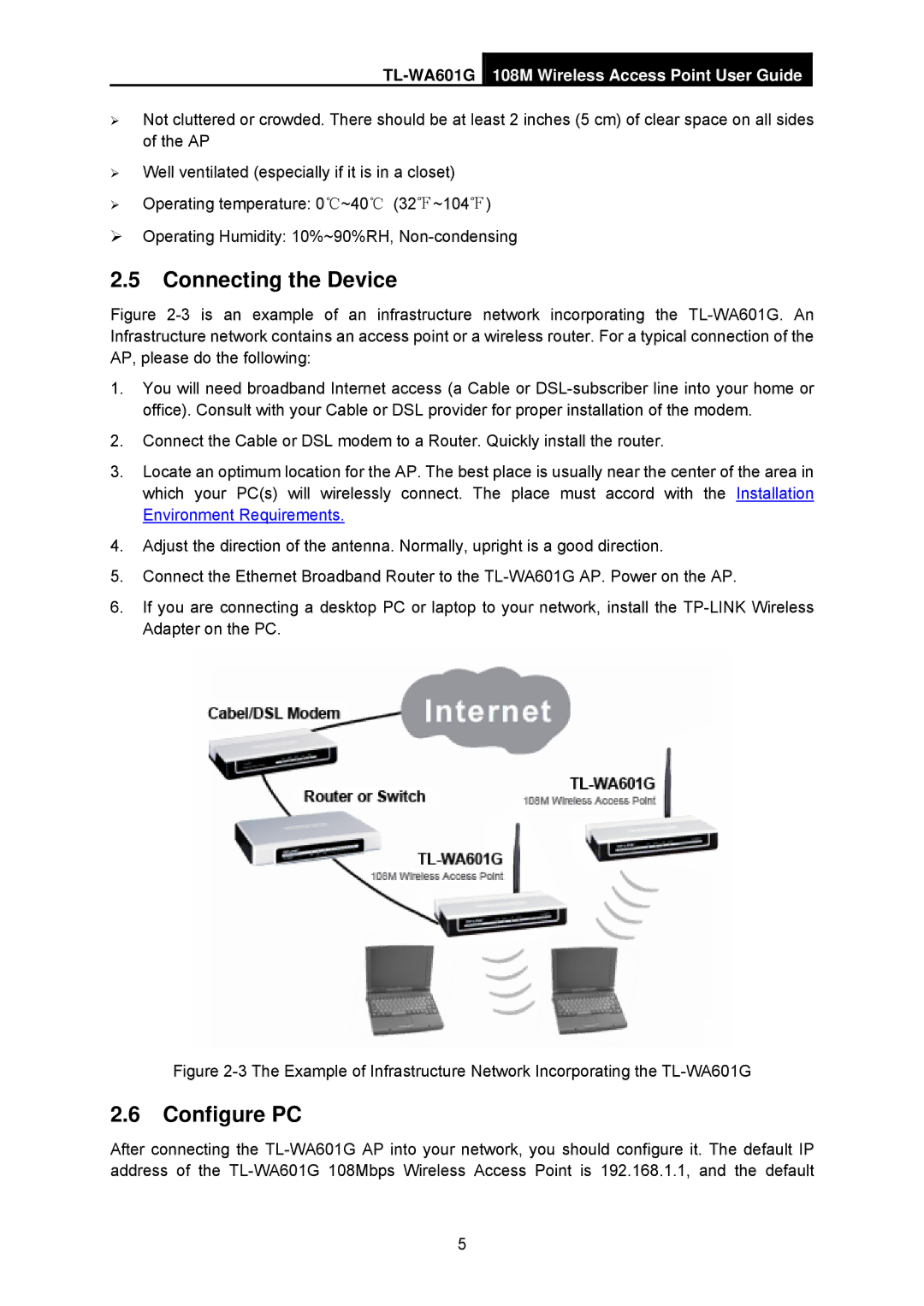 TP-Link TL-WA601G manual Connecting the Device, Configure PC 