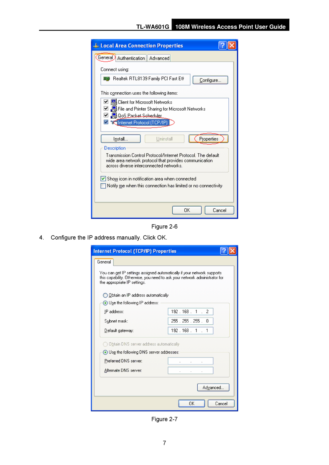 TP-Link TL-WA601G Configure the IP address manually. Click OK 