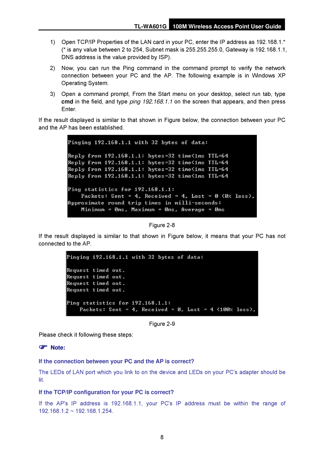 TP-Link TL-WA601G manual If the connection between your PC and the AP is correct? 