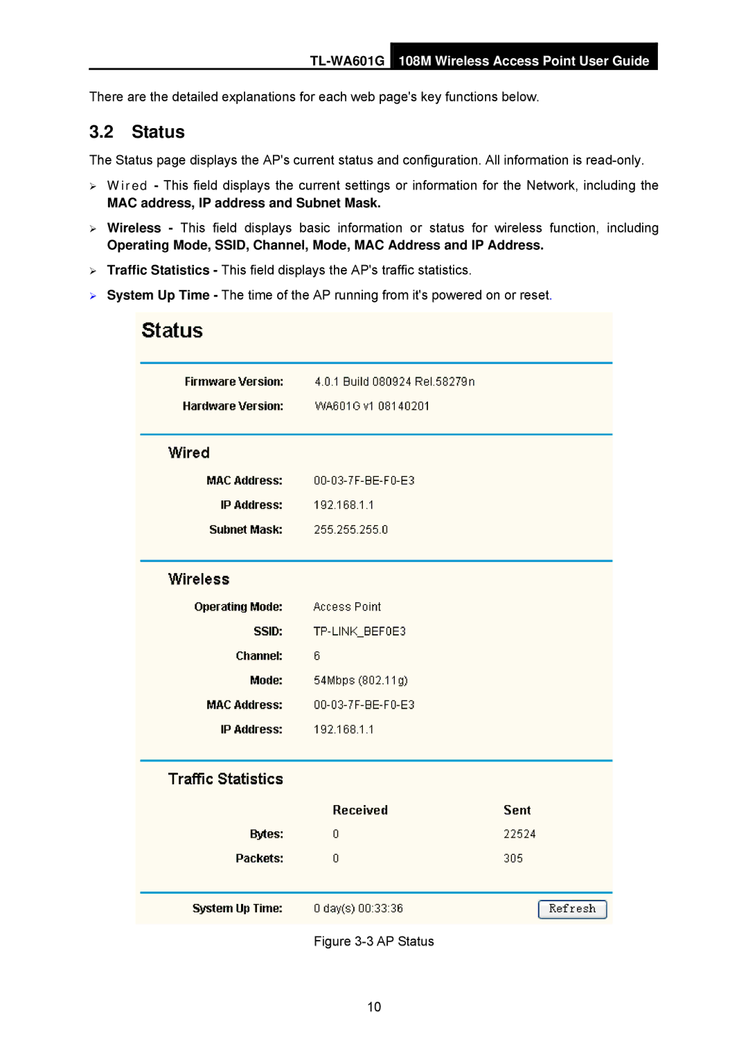 TP-Link TL-WA601G manual Status, MAC address, IP address and Subnet Mask 