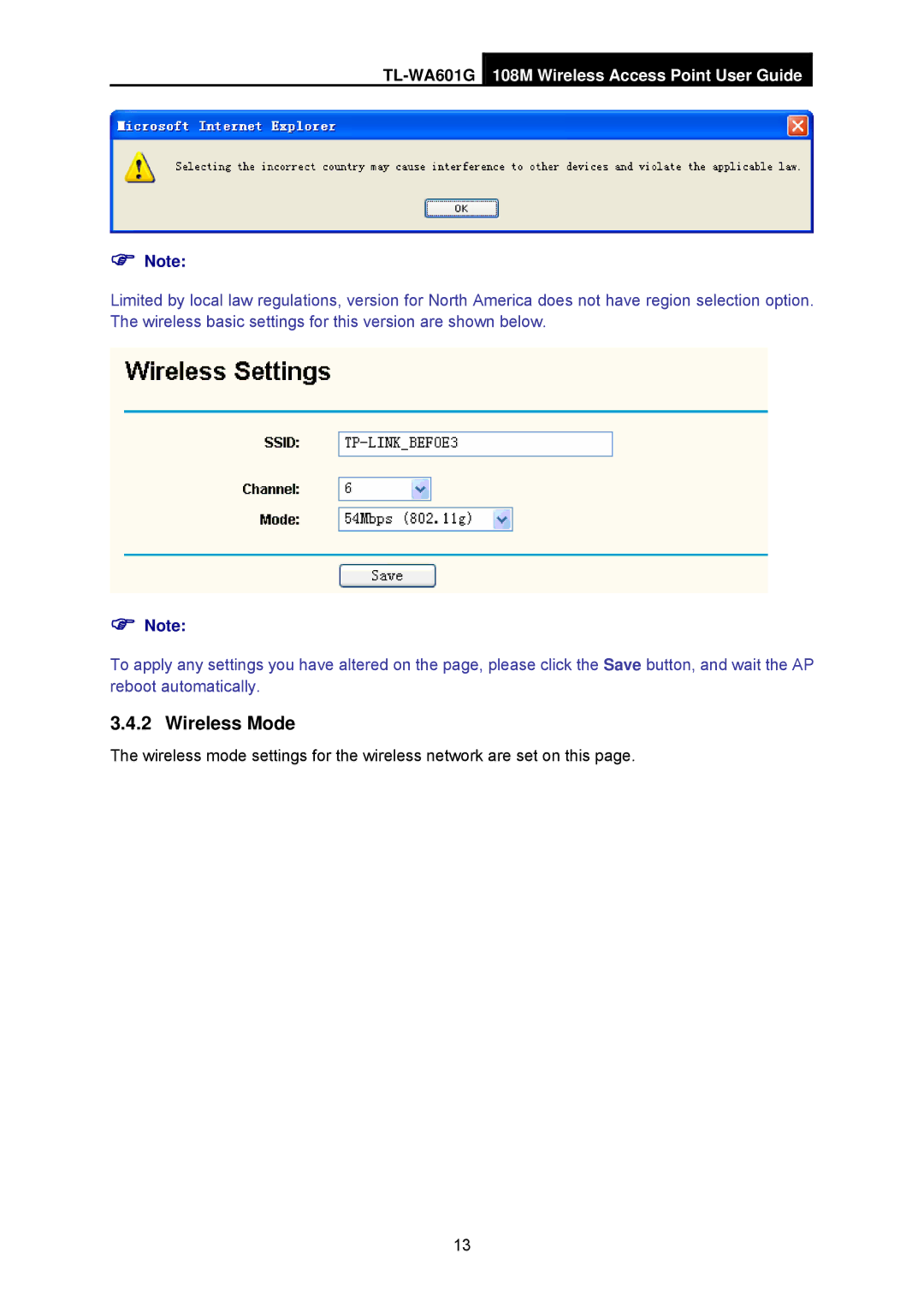 TP-Link TL-WA601G manual Wireless Mode 