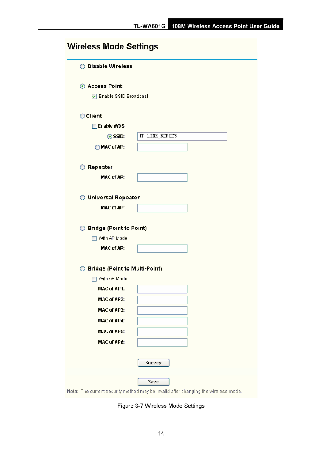 TP-Link TL-WA601G manual Wireless Mode Settings 