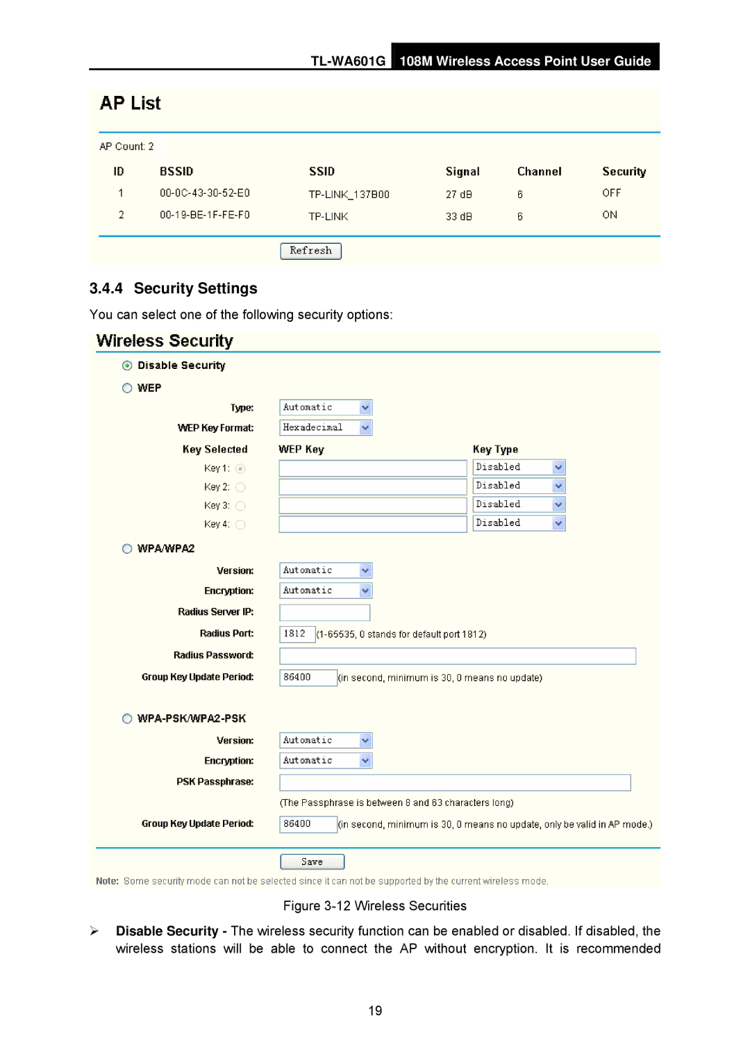 TP-Link TL-WA601G manual Security Settings 