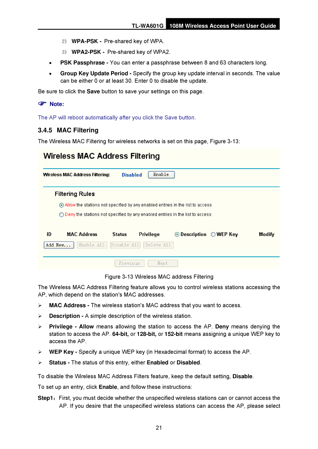 TP-Link TL-WA601G manual MAC Filtering 