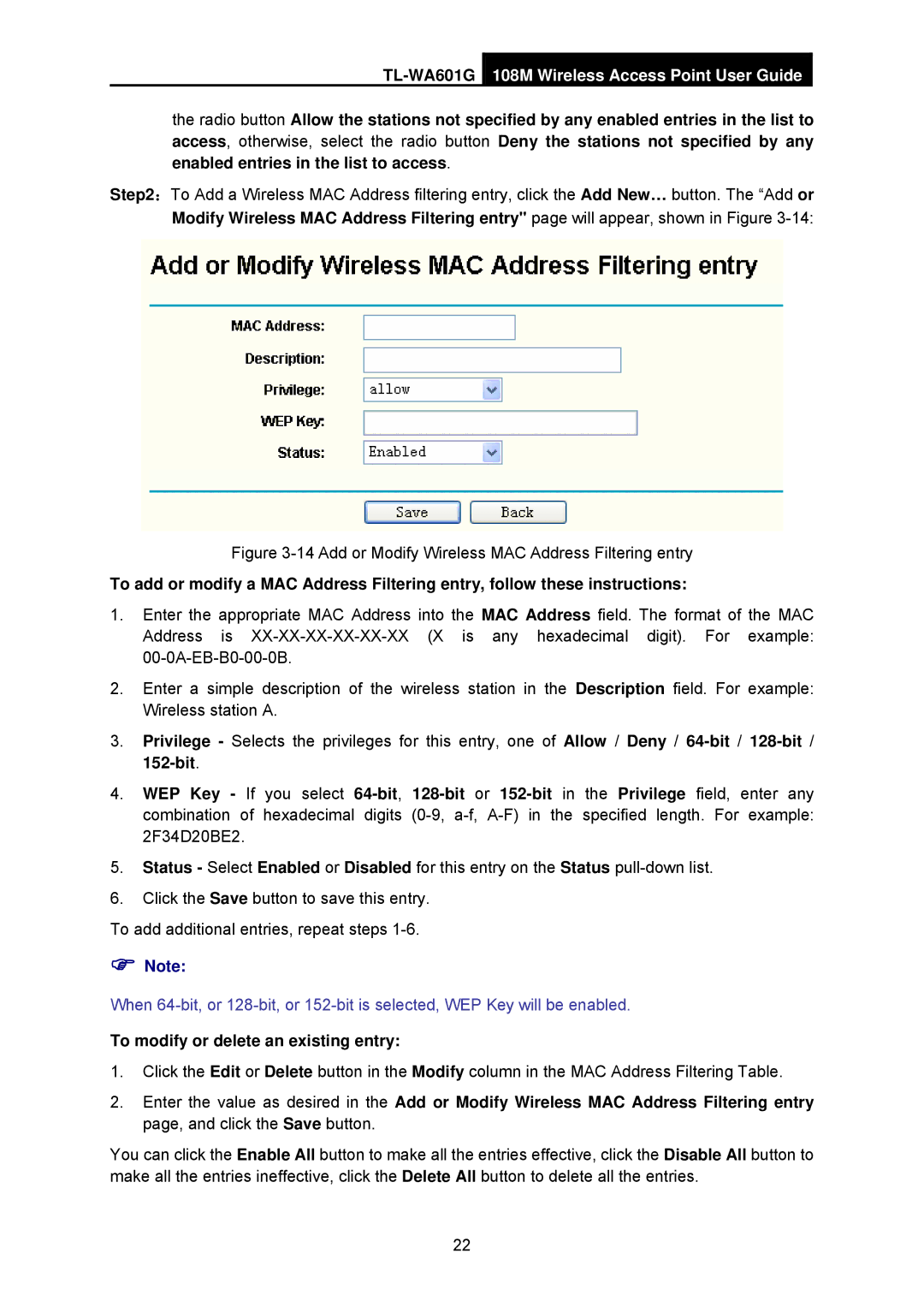 TP-Link TL-WA601G manual Add or Modify Wireless MAC Address Filtering entry, To modify or delete an existing entry 