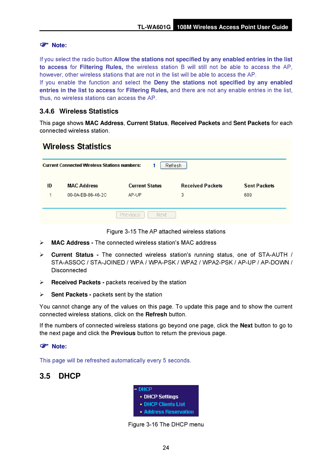 TP-Link TL-WA601G manual Dhcp, Wireless Statistics 