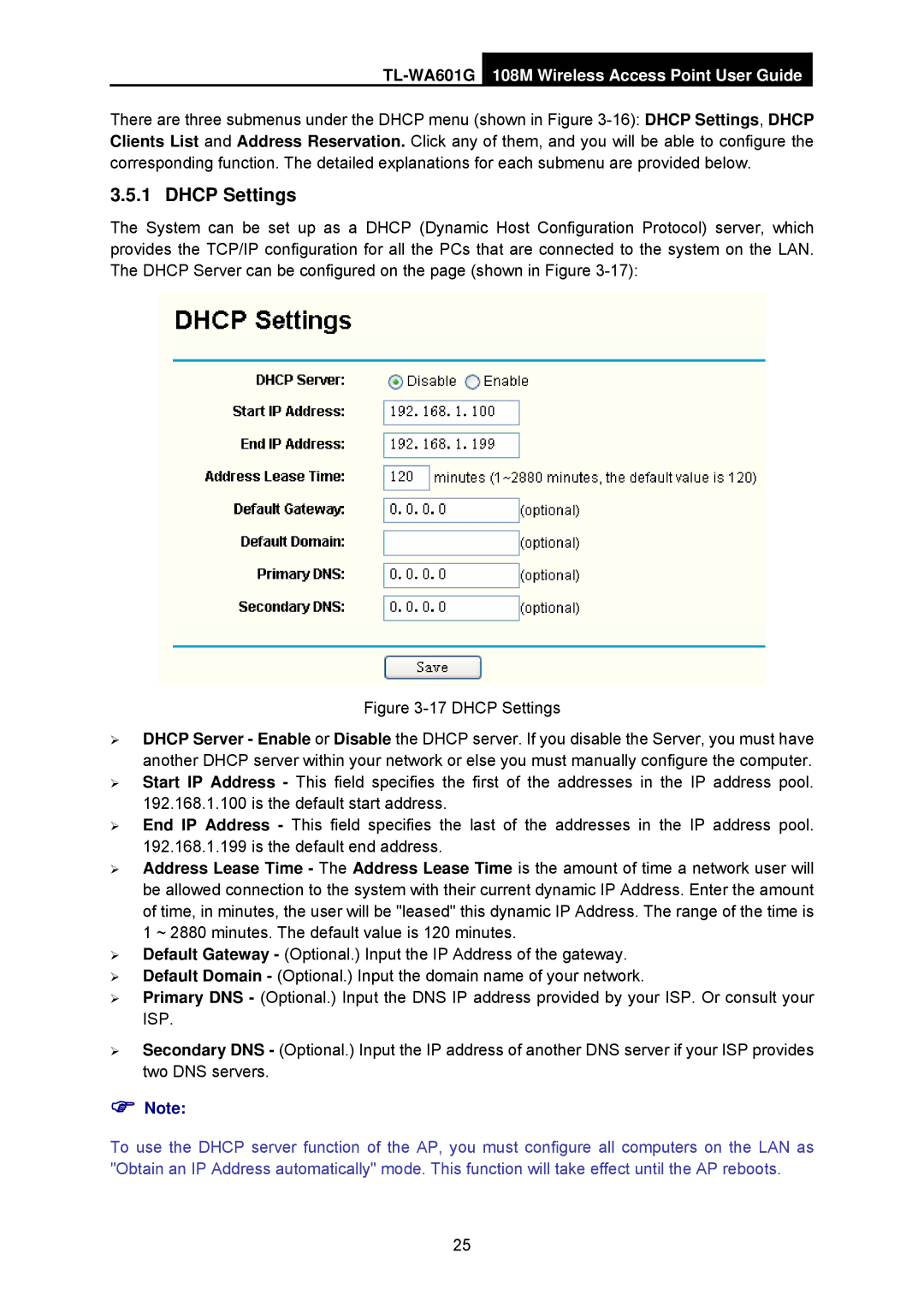 TP-Link TL-WA601G manual Dhcp Settings 