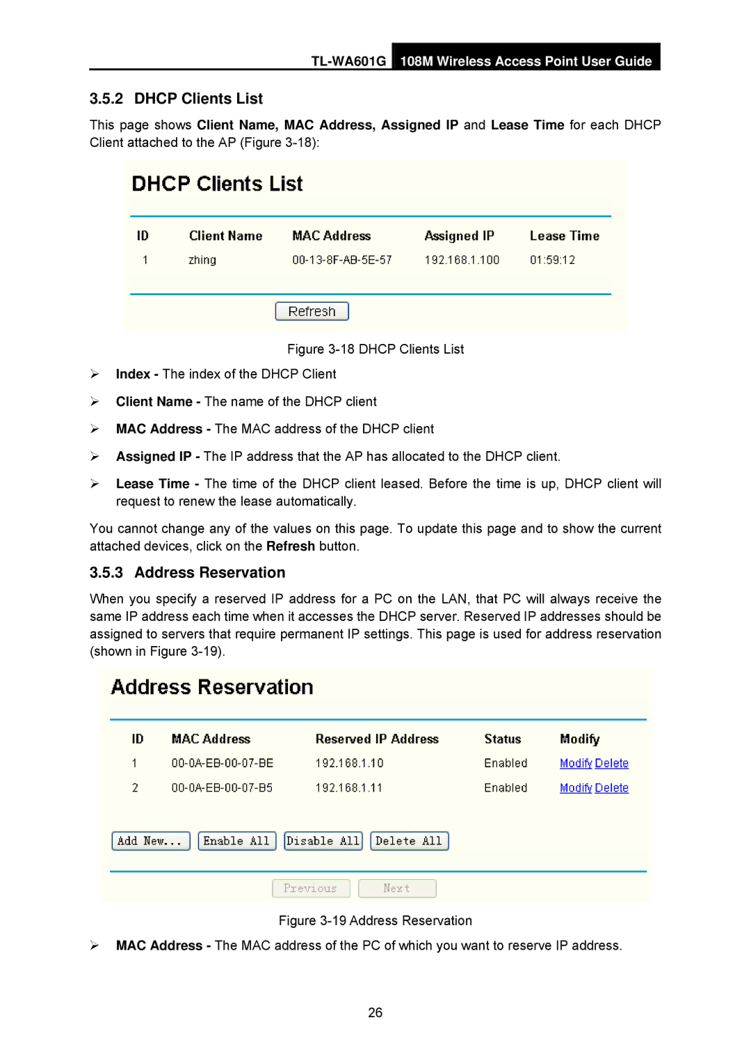 TP-Link TL-WA601G manual Dhcp Clients List, Address Reservation 