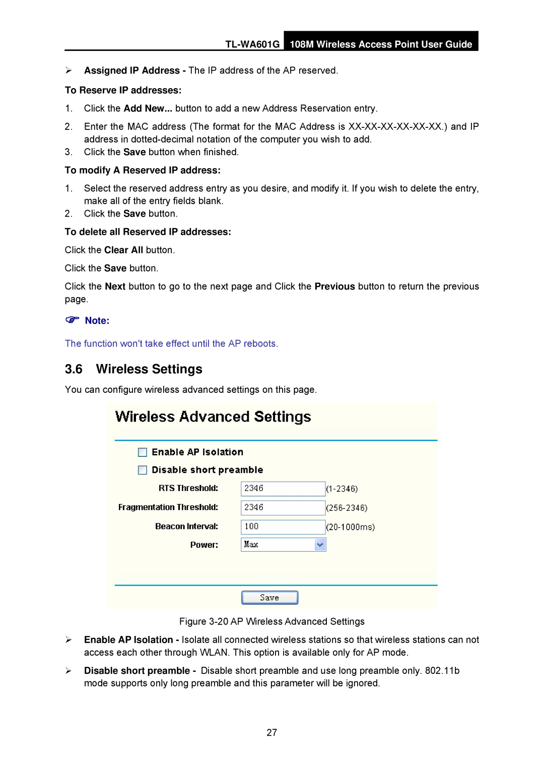 TP-Link TL-WA601G manual Wireless Settings, To Reserve IP addresses, To modify a Reserved IP address 