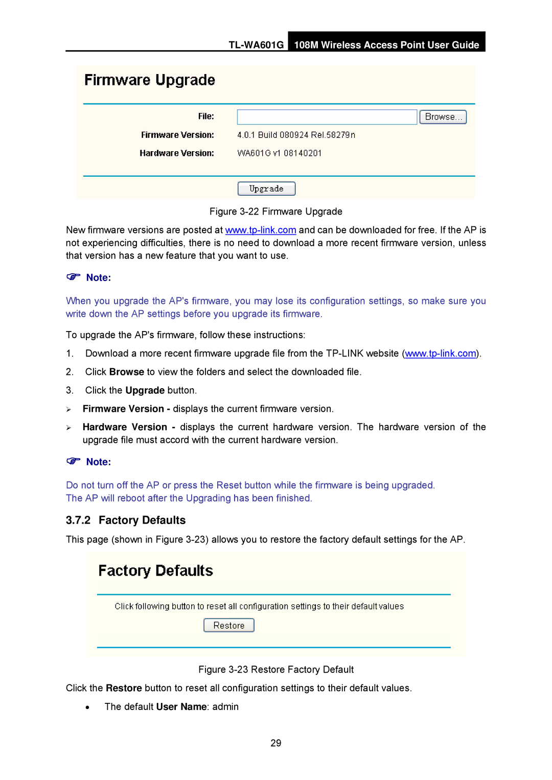 TP-Link TL-WA601G manual Factory Defaults, Firmware Upgrade 