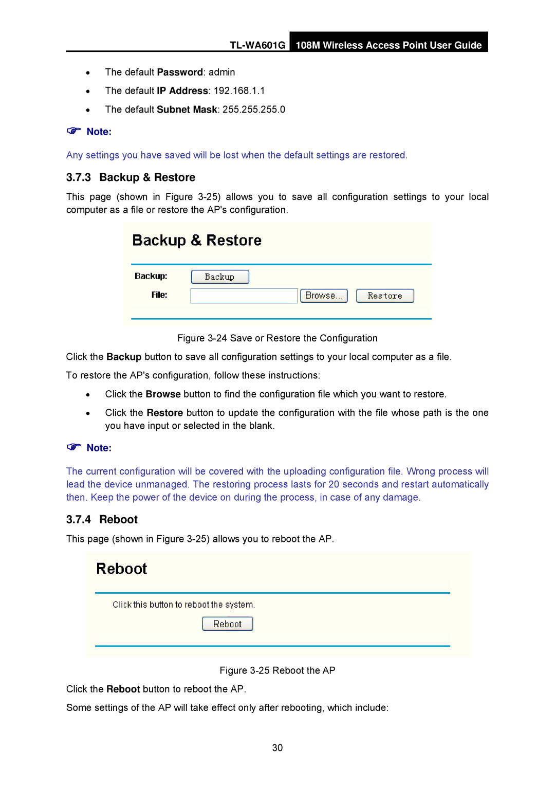 TP-Link TL-WA601G manual Backup & Restore, Reboot 