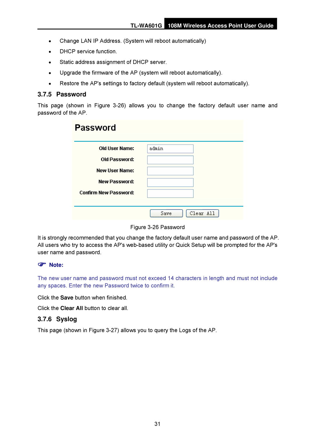 TP-Link TL-WA601G manual Password, Syslog 