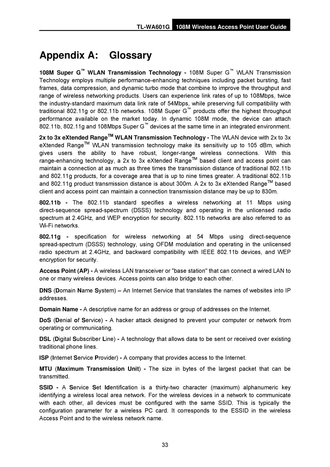 TP-Link TL-WA601G manual Appendix a Glossary 