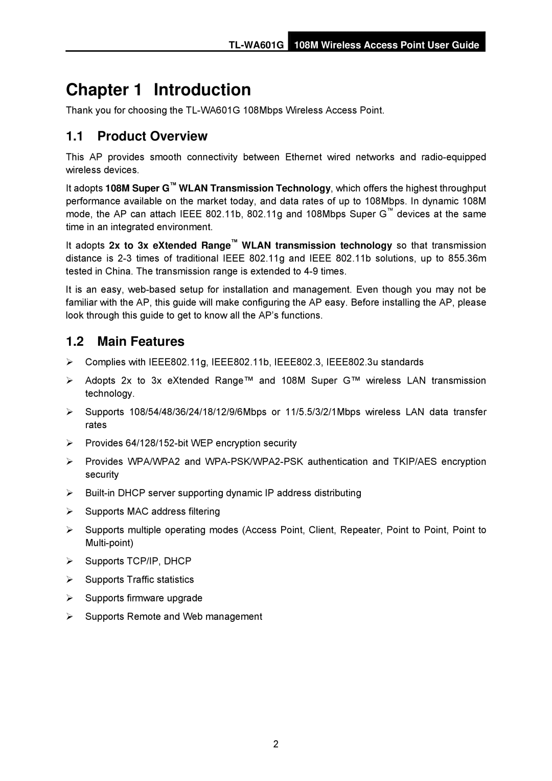 TP-Link TL-WA601G manual Introduction, Product Overview, Main Features 