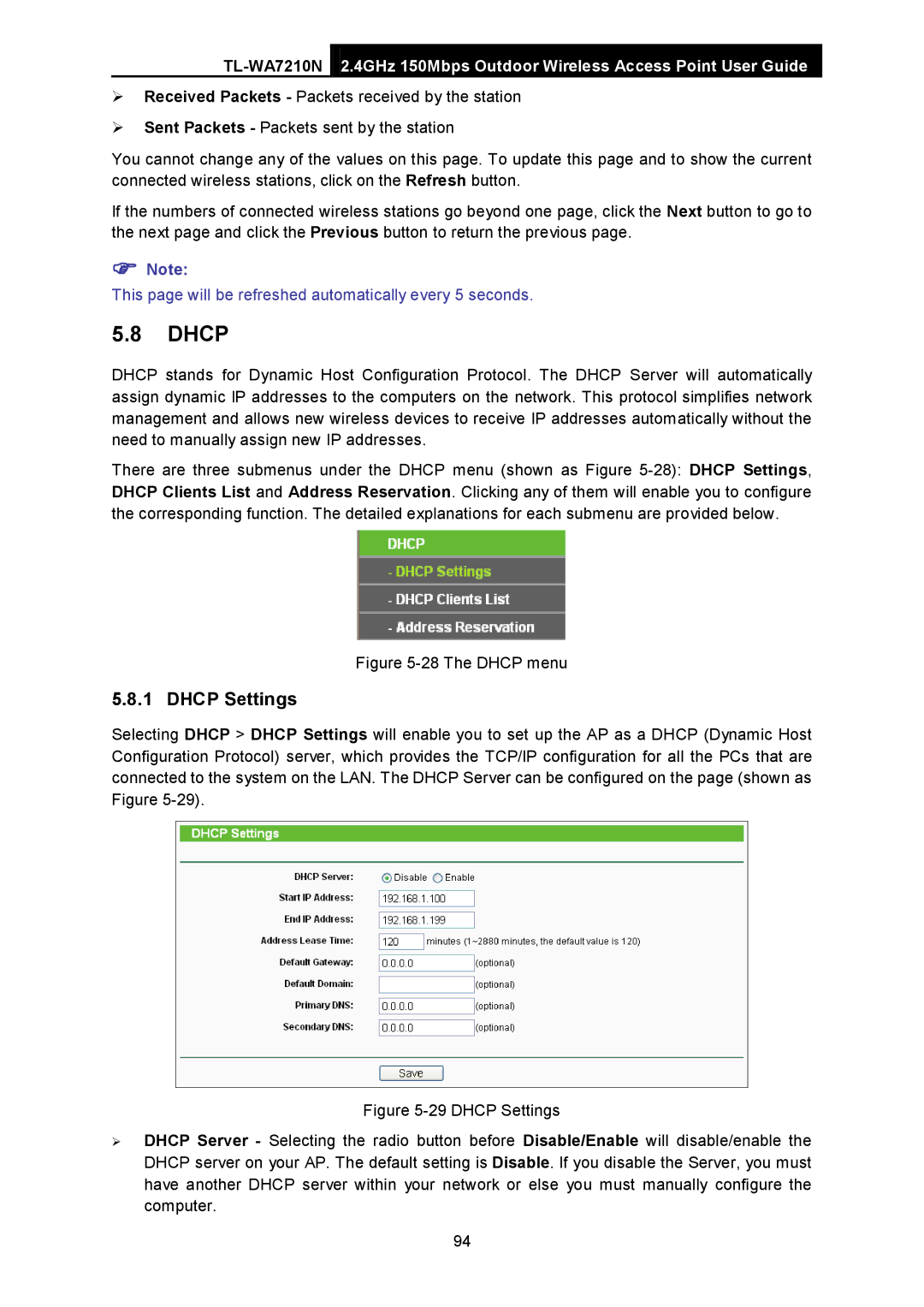 TP-Link TL-WA7210N manual The Dhcp menu 