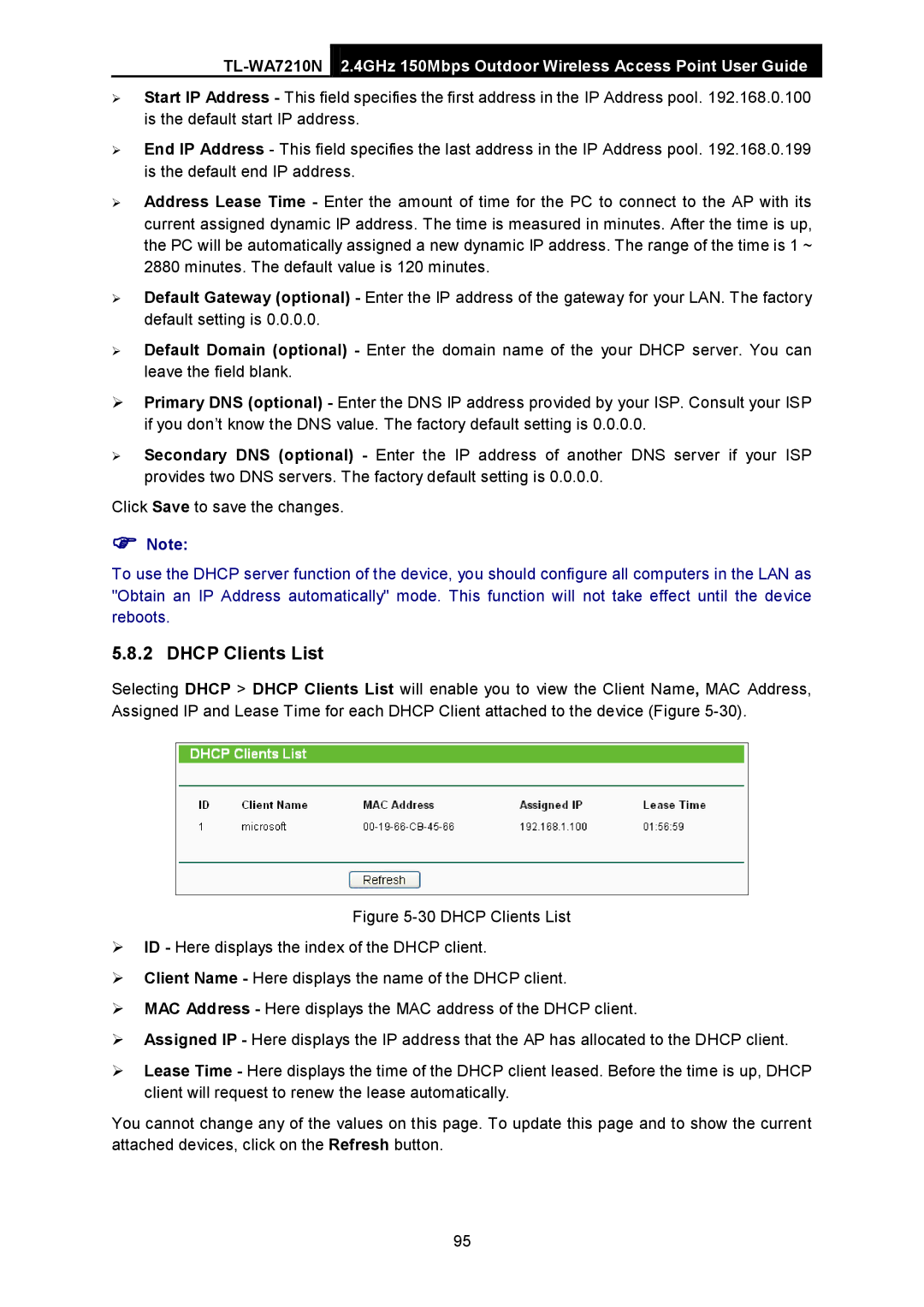 TP-Link TL-WA7210N manual Dhcp Clients List 