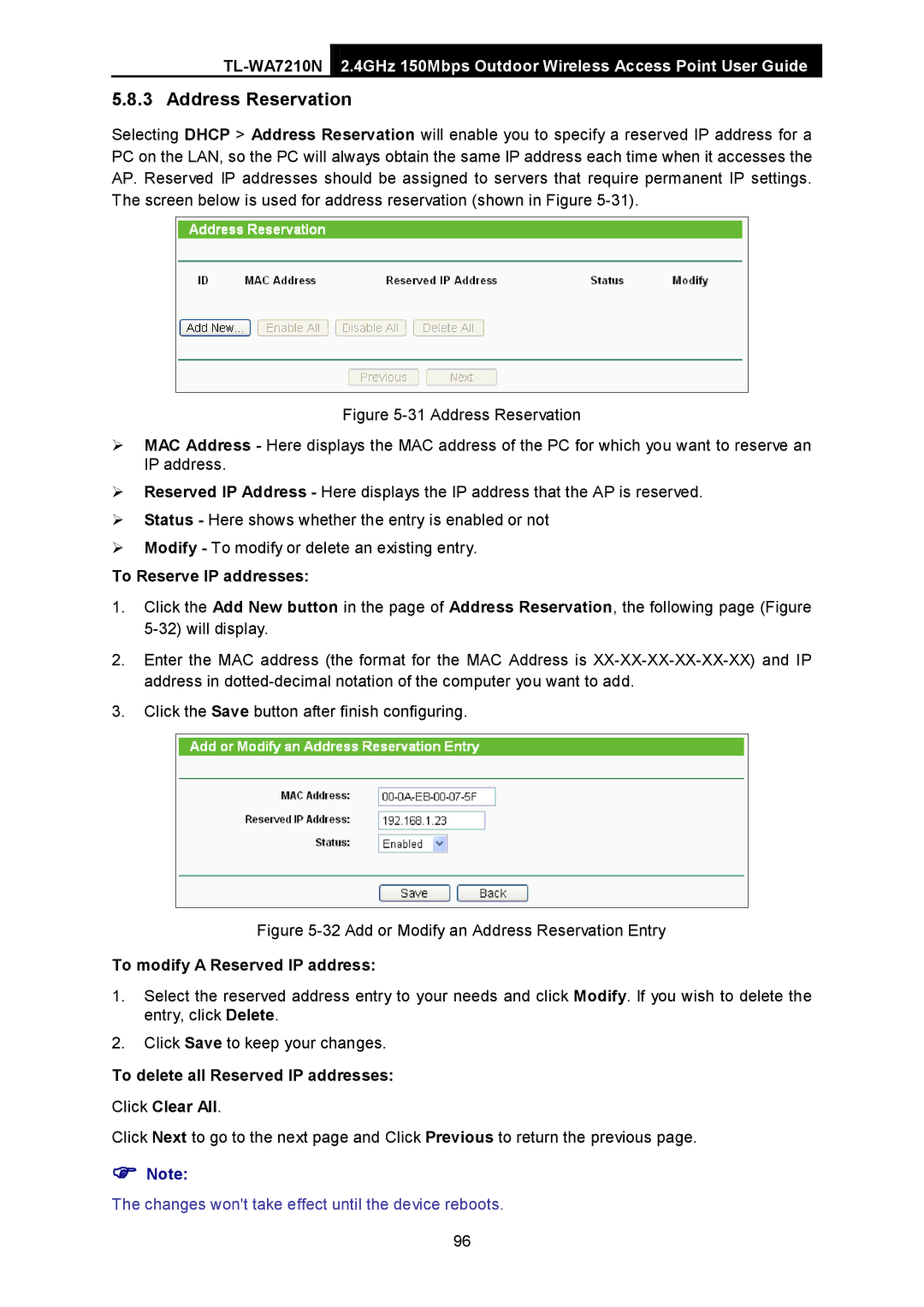 TP-Link TL-WA7210N manual To Reserve IP addresses, Add or Modify an Address Reservation Entry 