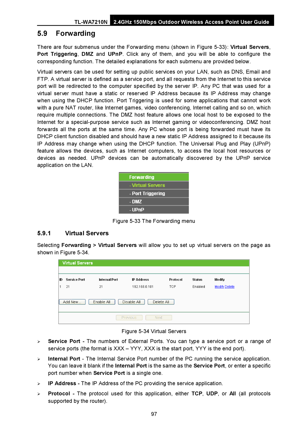 TP-Link TL-WA7210N manual Forwarding, Virtual Servers 