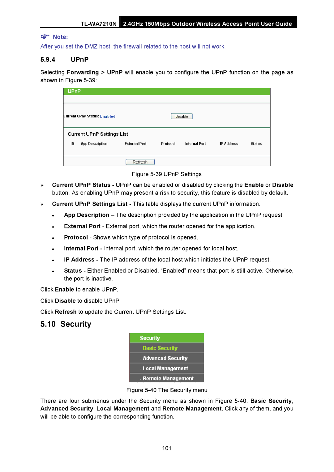 TP-Link TL-WA7210N manual Security, UPnP 