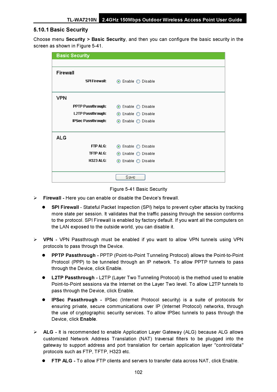 TP-Link TL-WA7210N manual Basic Security 