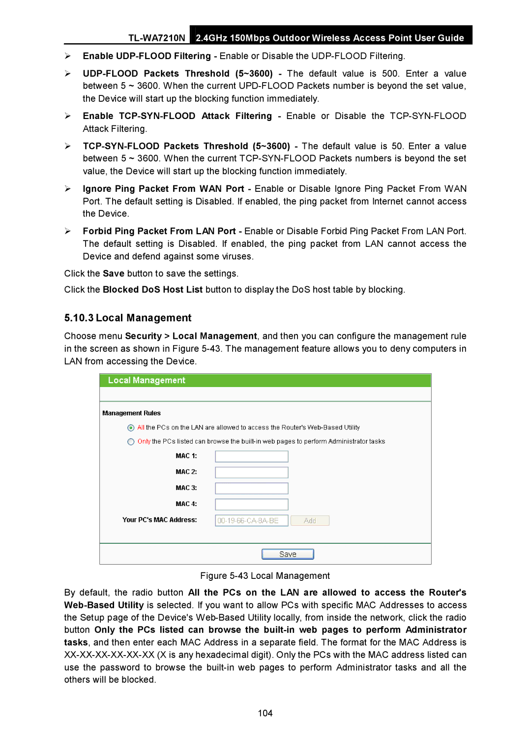 TP-Link TL-WA7210N manual Local Management 