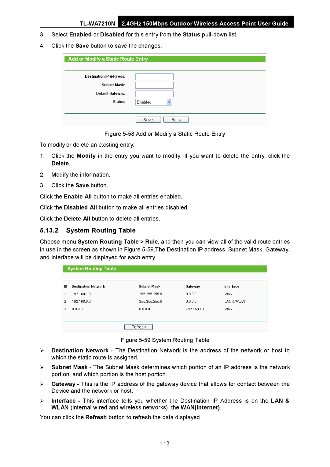 TP-Link TL-WA7210N manual System Routing Table 