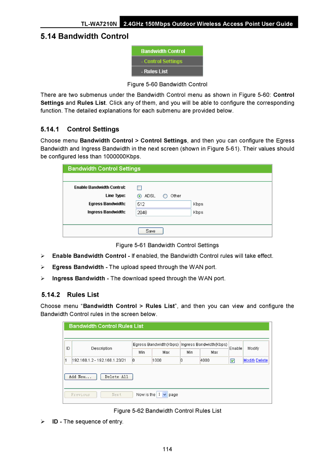 TP-Link TL-WA7210N manual Bandwidth Control, Control Settings, Rules List 