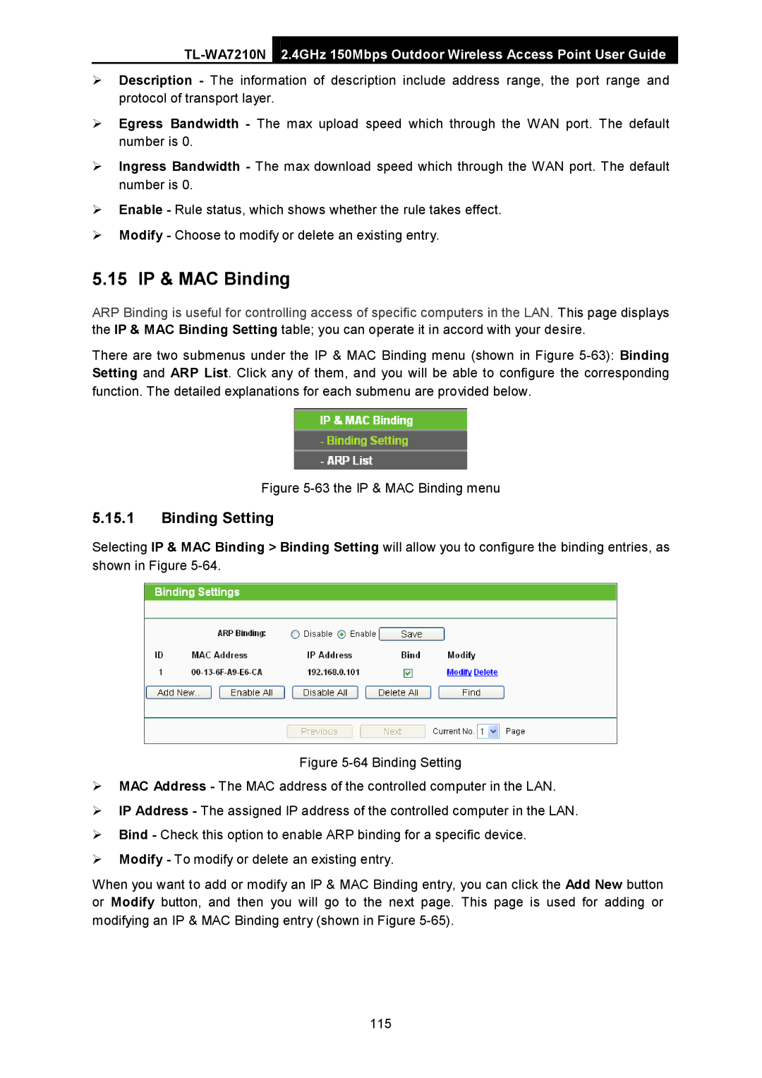 TP-Link TL-WA7210N manual 15 IP & MAC Binding, Binding Setting 