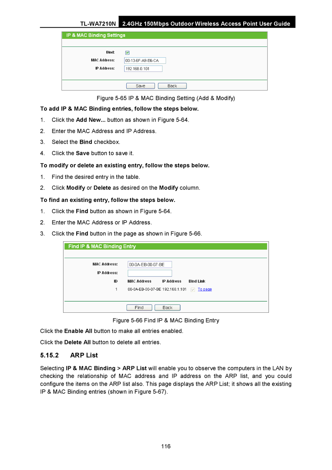 TP-Link TL-WA7210N manual ARP List, To add IP & MAC Binding entries, follow the steps below 